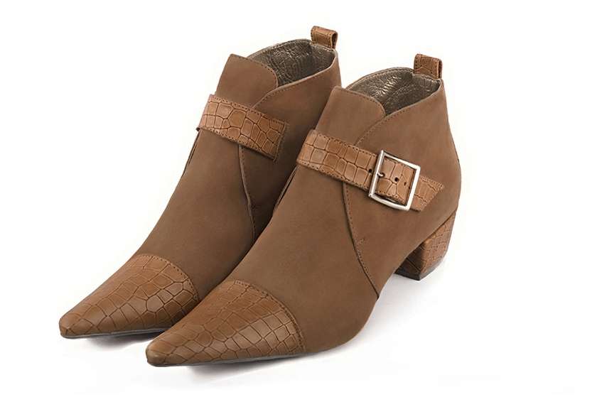 Caramel brown women's ankle boots with buckles at the front. Pointed toe. Low cone heels. Front view - Florence KOOIJMAN